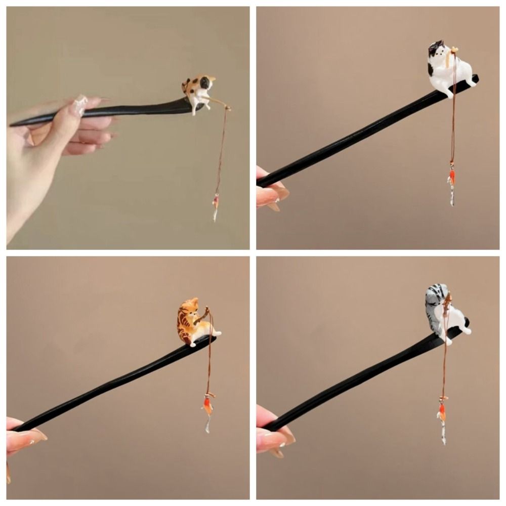 Chinese Style Cat Fishing Hair Stick Black Sandalwood Hanfu Hairpin Antique Wooden Hair Stick  Girl