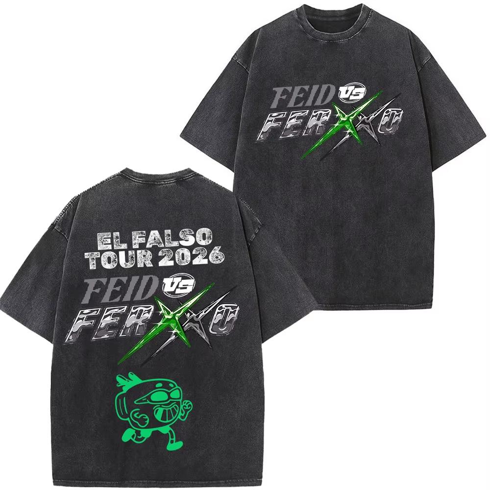 Summer Hot Sale Rapper Feid Ferxxo Tour 2026 Print Vintage Washed Tees Men Women Fashion T-shirts Hip Hop Streetwear Gothic Cotton Oversized T-shirt