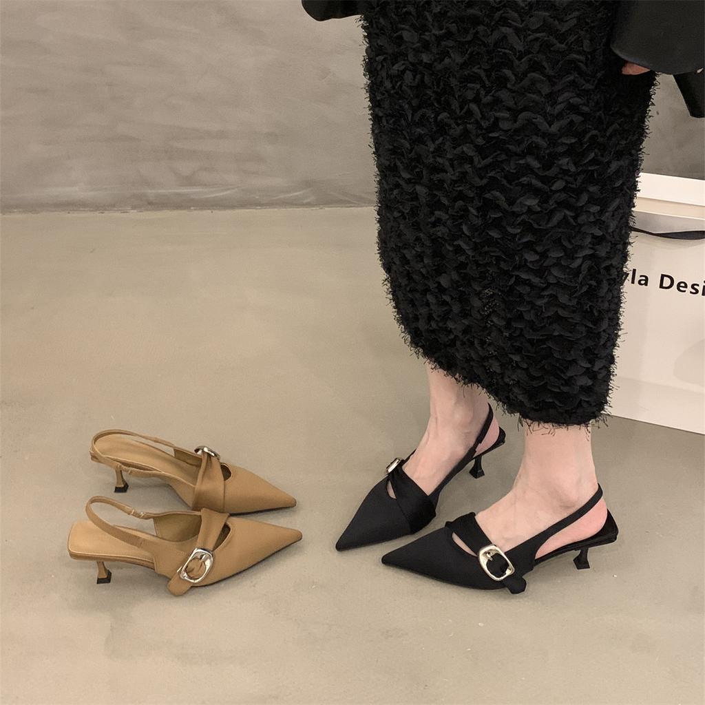Black bag head sandals thin heels women's shoes 2025 summer new temperament socialite pointed head shallow mouth high heel empty shoes