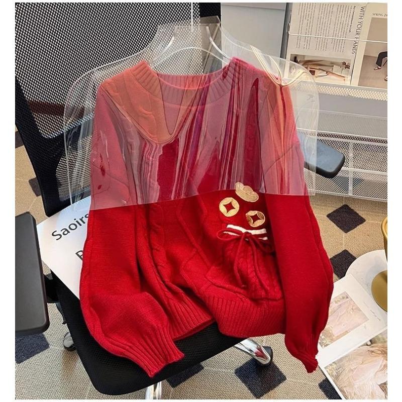 Round Neck Twist Knitted Sweater for Women in Autumn and Winter Design Red Sweater with Gold Ingot Embroidery