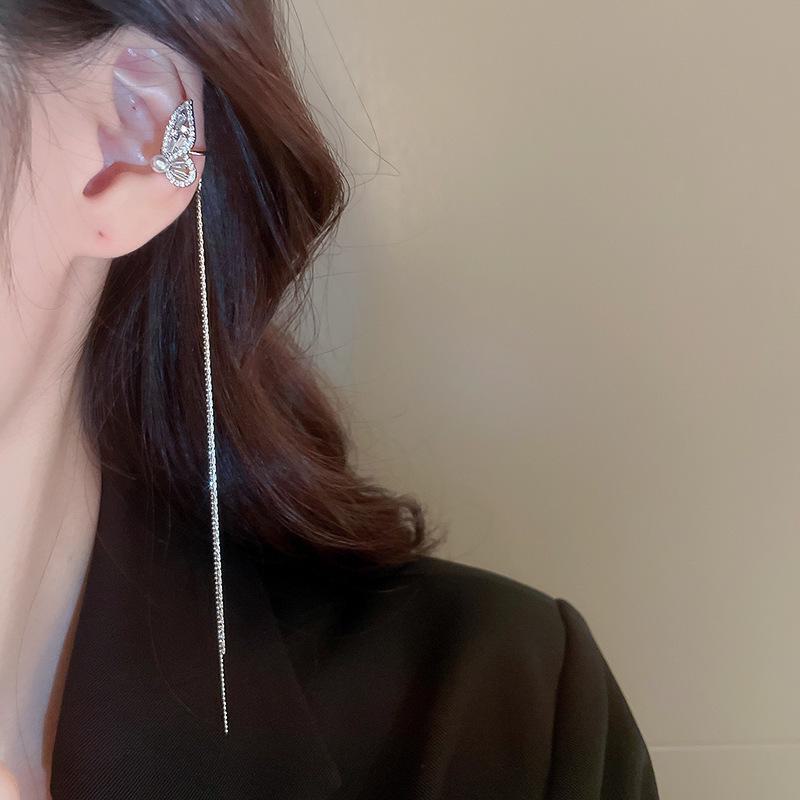 Silver Needle Star & Moon Tassel Ear Clips: Shiny Zircon, Sweet & Cool Style, Non-Pierced