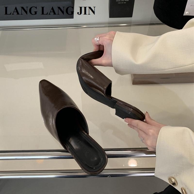Designer 2025 Spring Pointed Toe Women Mule Slippers Female  Slip On Shoes Ladies Casual Loafers Flats Heel Slides Sandals Mujer