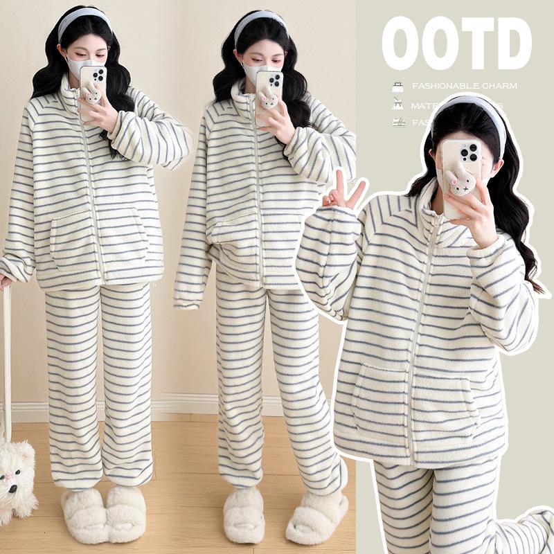2025 Autumn/Winter Maternity Striped Pajama & Outerwear Set for Trendy Moms 2XL