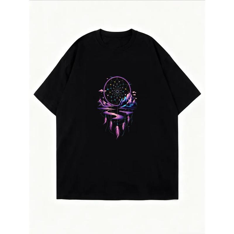Women's White T-Shirt With Dreamcatcher And Mountain Landscape Print For Casual Wear
