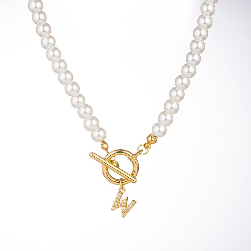 Zircon Crystal Initial A-Z Letter Pendant Necklace for Women Toggle Clasp Imitation Pearls Necklaces Wedding Jewelry Gift