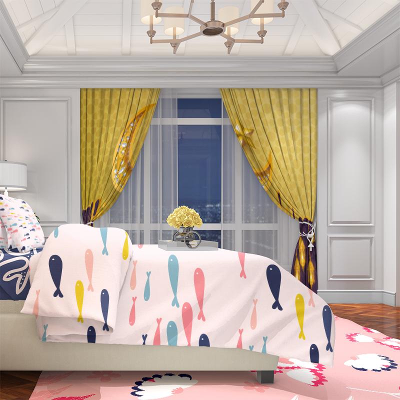 2PCS Golden Ramadan Auspicious (Lantern - Moon) Ramadan Printing Curtain Polyester Material Suitable for Bedroom Living Room,