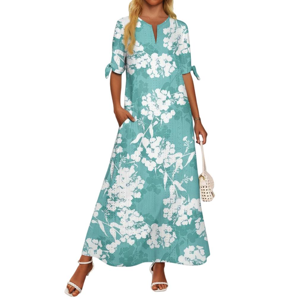Ladies Casual Fashion Temperament Elegant Waist Patchwork Print Long Dress