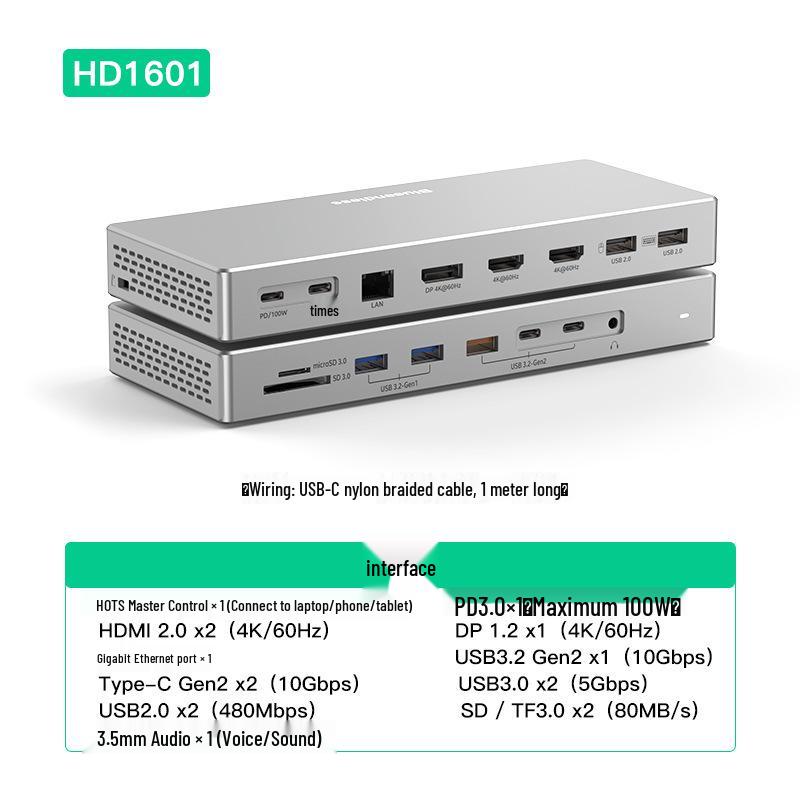 4K60Hz Desktop Docking Station: Quad-Screen Display, 10Gbps, Gigabit Ethernet, Card Reader Converter.