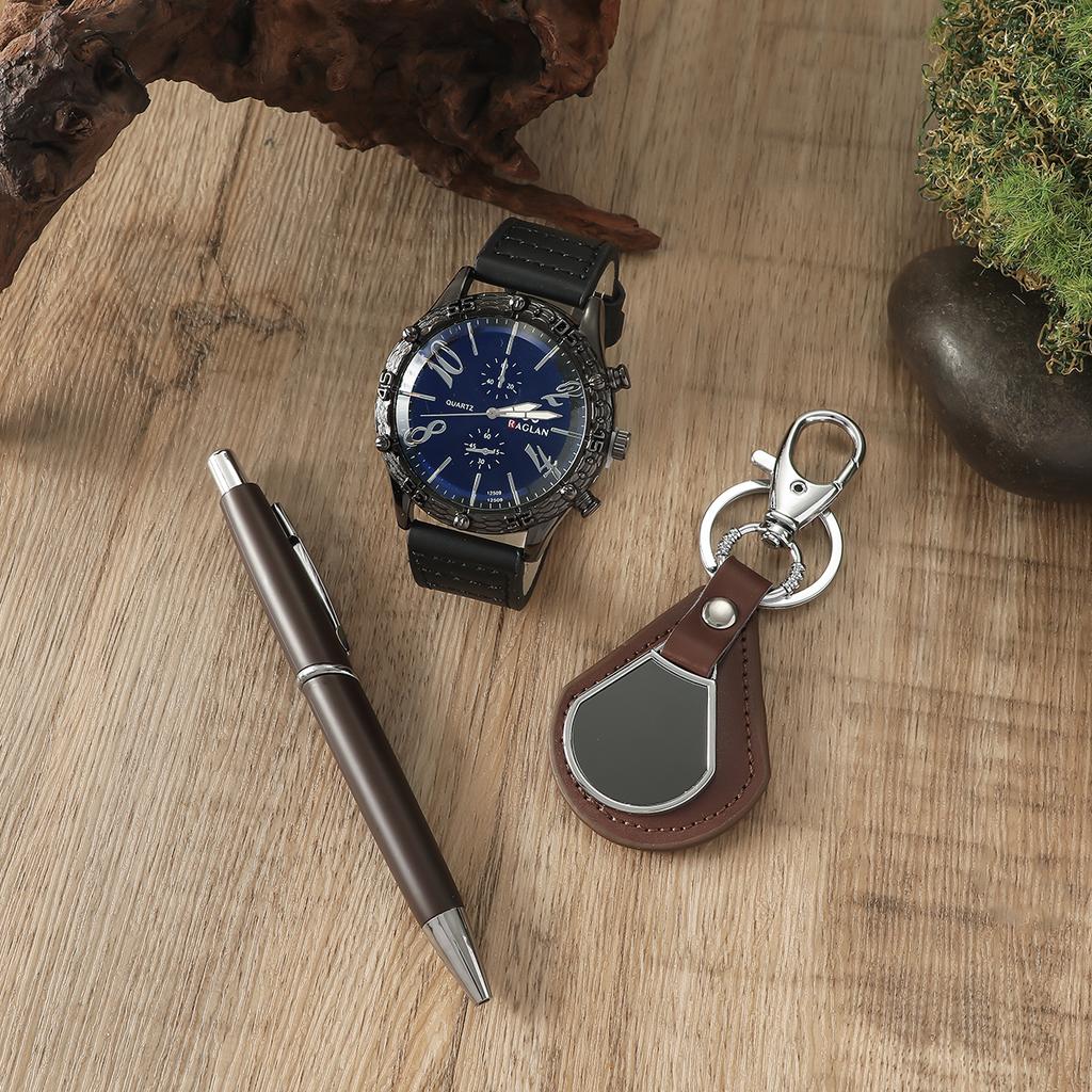 Men's New Black Large Dial Business Watch   Wallet   Pen   Keychain 4-piece Set Gift Box Set