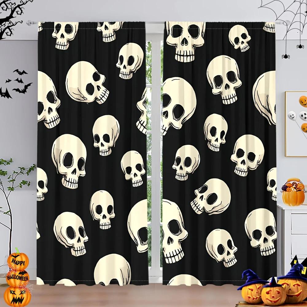 2 Stück - Halloween Gothic Stil Totenkopf-Print Vorhänge Stangentaschenvorhänge Heimdekoration Zimmerdekoration