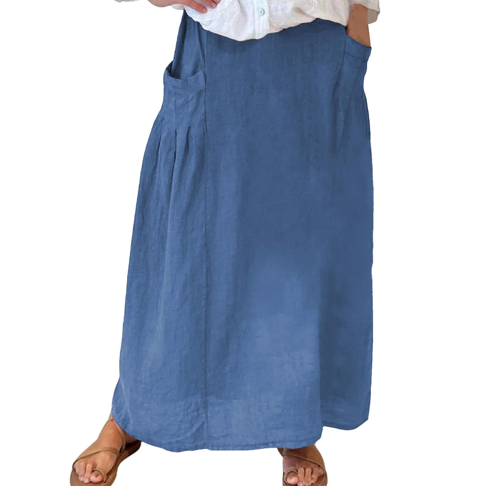 

Женская повседневная свободная юбка-макси в стиле бохо с эластичной резинкой на талии, пляжная, струящаяся, с карманом L синий