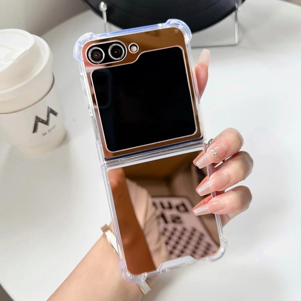 Luxury Mirror Make Up Slim Case for Samsung Galaxy Z Flip 6 5 4 3 7 ZFlip 7 Flip6 Solid Color Airbag Shockproof Ultra Thin Cover