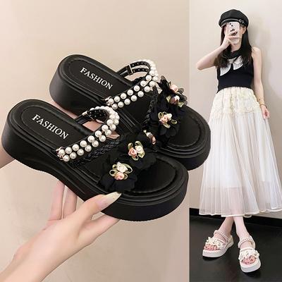 2025 New Pearl Beach Sandals Women's Summer Wear Muffin Platform Flowers Sweet One-word Drag Fairy Wind Sandals