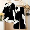 Women Plus Size Black White Printed Round Neck High Low Top And Long Pants Two Piece Set