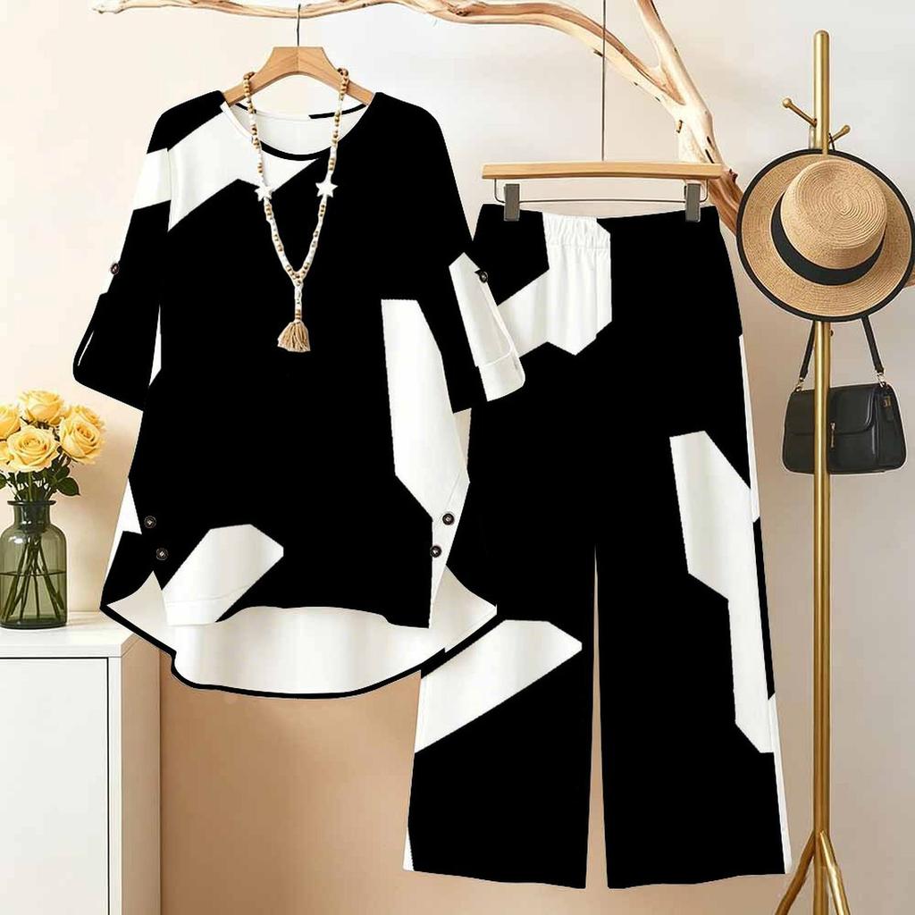 Women Plus Size Black White Printed Round Neck High Low Top And Long Pants Two Piece Set