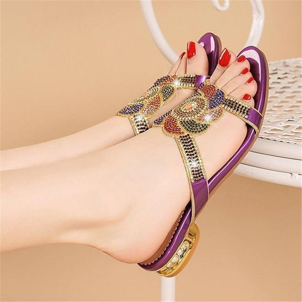 Women Fashion Sweet Purple Crystal Square Heel Sandal Shoes Lady Casual Comfort Summer Plus Size Sexy Sandals Ab620