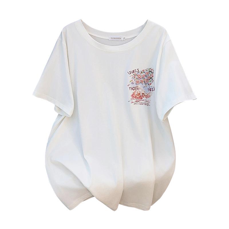 Plus Size Mid-Length Loose Slimming Round Neck Short Sleeve T-shirt for Women (200/300/350 Jin)