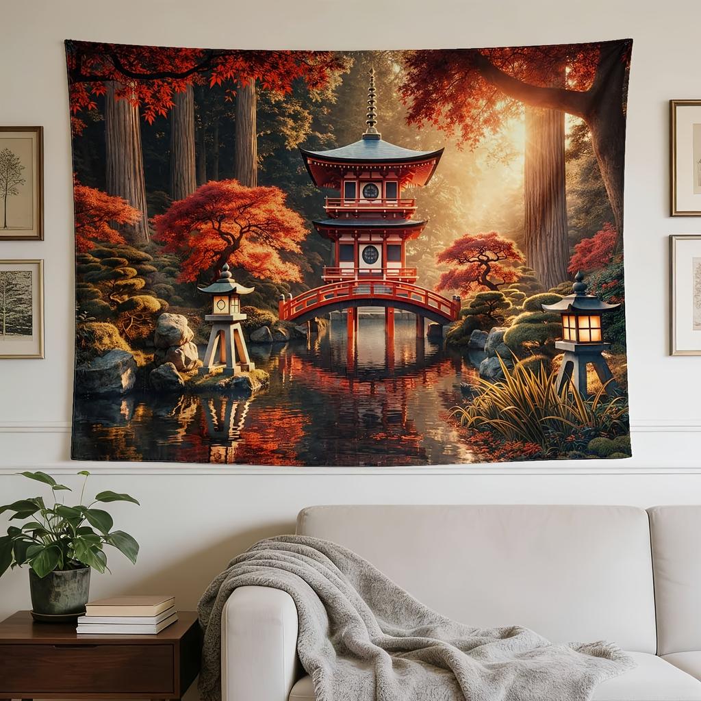 An Elegant Wall Hanging, Featuring a Japanese Garden with Lanterns And an Arch Bridge, Ideal for Enhancing The Decor of Homes, Dormitories, And Bedroo