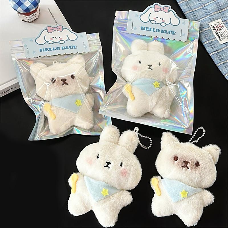 Cute Cartoon Kitten Bunny Plush Toy Keychain Kawaii Soft Stuffed Doll Keychain Pendant Car Key Ring Backpack Decoration Gifts