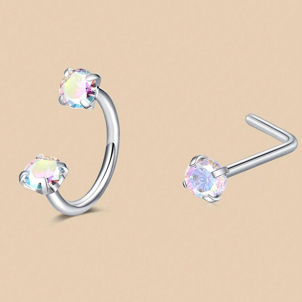 

6/2pcs Horseshoe Nose Rings With L-Shape Nose Stud, Stainless Steel Rianbow CZ Nose Ring,, Lip Eyebrow Helix Ear Piercing 18G 1.0mm&Geometric&Nose Rings & Studs&Face