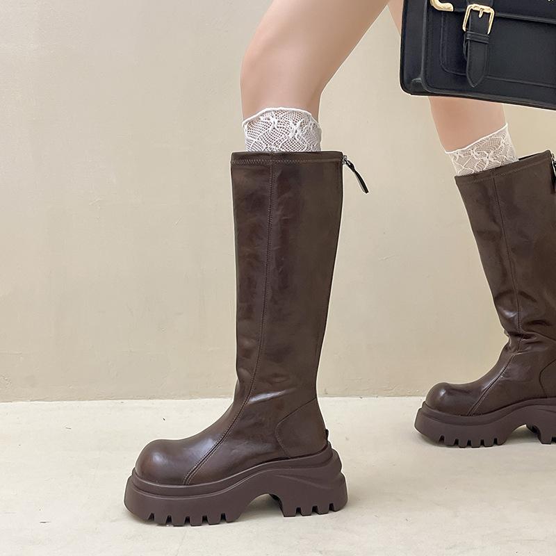 Autumn and winter retro versatile fashion boots round head thick sole heightening sleeve boots women's fashion thin boots