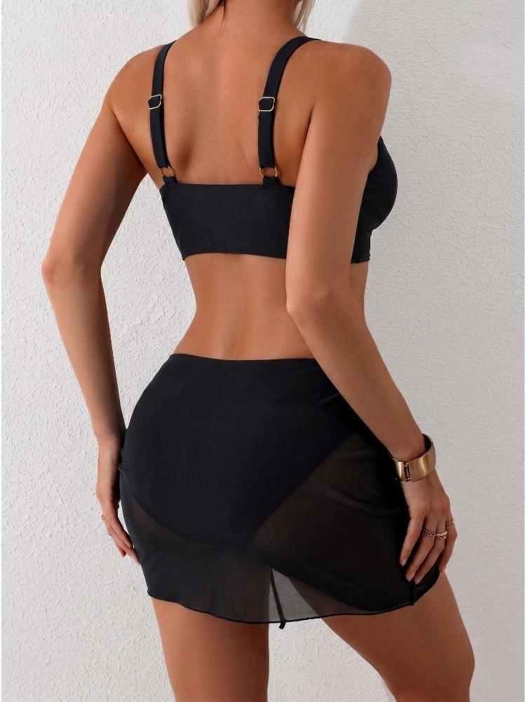 New Summer Women's Bikini Three Piece Swimsuit Sexy Mesh Drawstring Women's Split Swimsuit