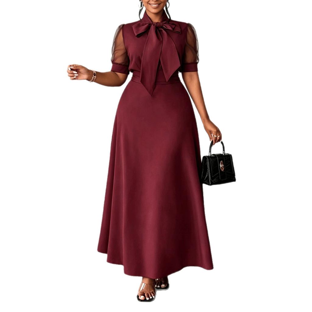 European and American large-size summer new temperament mesh splicing bow collar medium and long dress