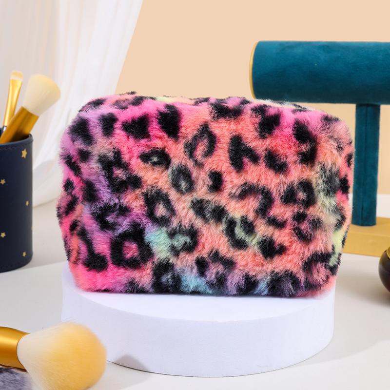 Bolsa de Almacenamiento de Cosméticos con Estampado de Leopardo para Mujer, Bolsa de Maquillaje de Peluche de Gran Capacidad, Bolsa de Almacenamiento Portátil para Viaje, Regalo