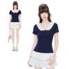 Design Sense Niche Black Polka Dot Bow Front Shoulder Short Sleeve T-Shirt Women's Summer New Doll Collar Slim Top