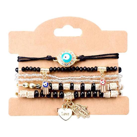 6Pcs/Set Women Bracelet Bohemia Style Elastic Rope Beads Bracelet with Palm Charm Adjustable Length Multi-layer Stackable Bracelets