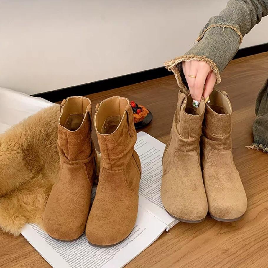 Sheepskin Version~ British Style Wrinkle Feeling Square Head Inner Height Increase Wide Tube Mid-tube Boots Women's 2025 New Knight Boots