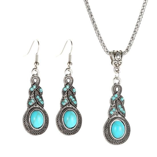 1 Set Women Necklace Earrings Faux Turquoise Vintage Jewelry Electroplating Sparkling Jewelry Set for Party