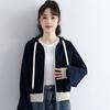 2022 Autumn Retro Dark Blue Women's Loose Short Hoodie Cardigan Jacket