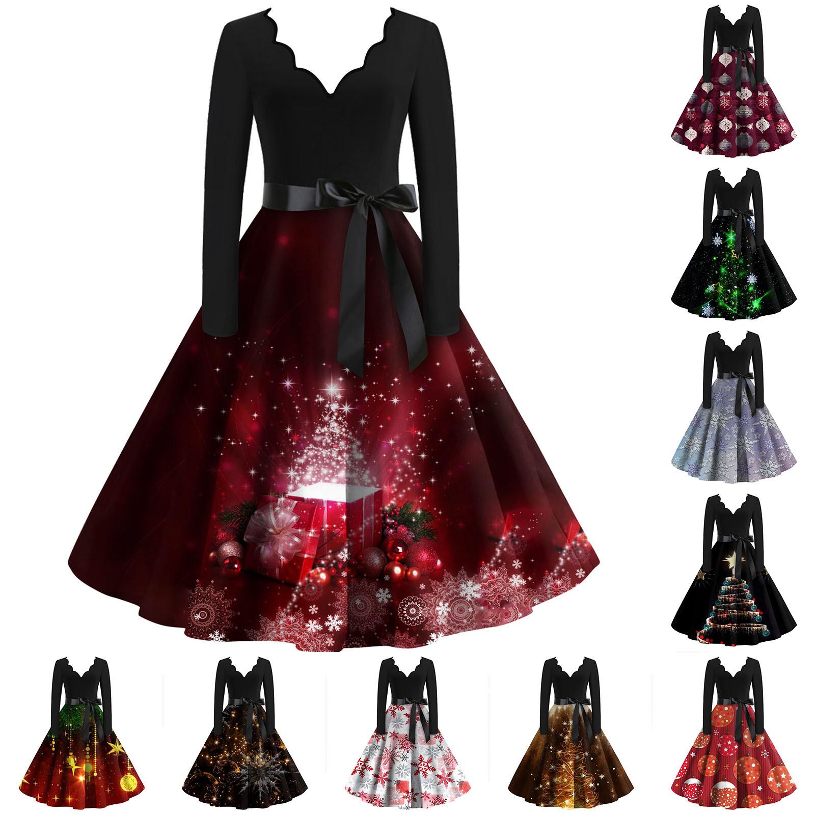 

Женские модные повседневные тонкие рождественские платья с длинным рукавом с v-образным вырезом и принтом