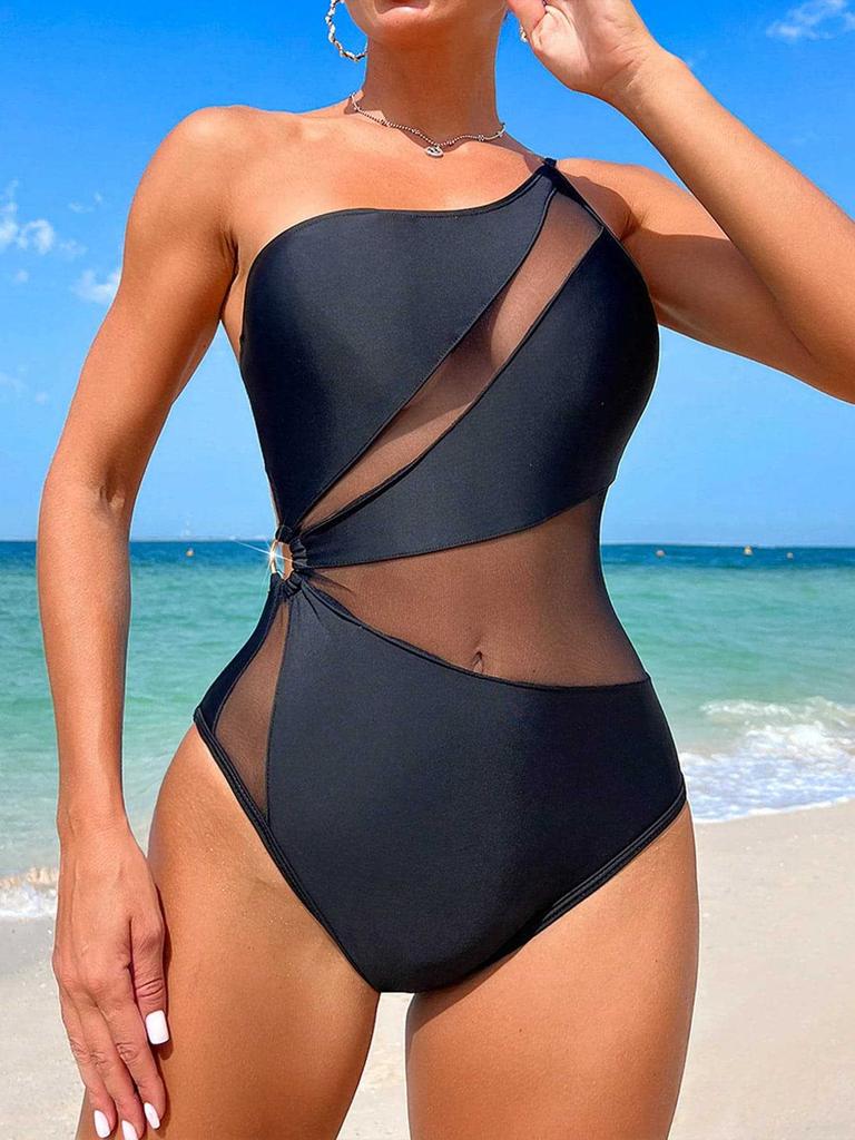 1011 New Solid Color Swimsuit, High-end Sense, Slim and Thin Women's Sexy Mesh Splicing Single Shoulder Strap One-piece Swimsuit