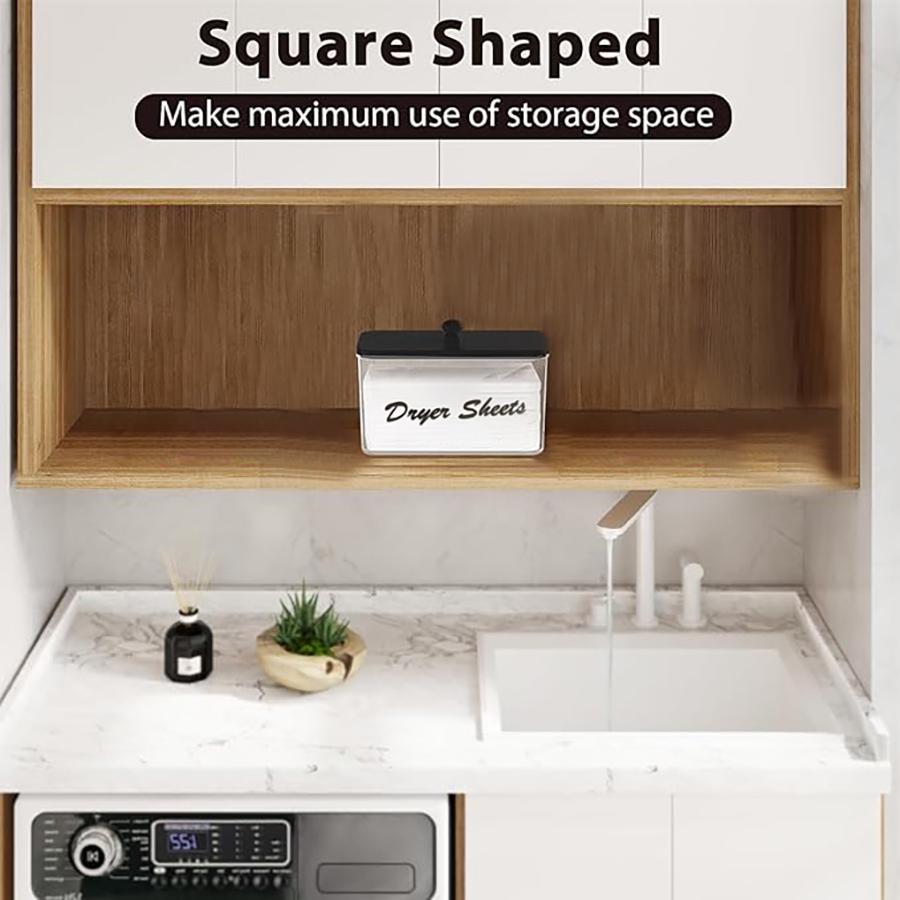 Acrylic Container Storage Box, Dryer Sheet Holder, Clear Tissue Box Holder with Black Lid for Laundry Room Organization