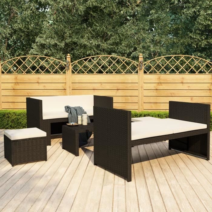 Salon de jardin 5 pièces avec coussins - Noir - 130 x 70 x70 cm