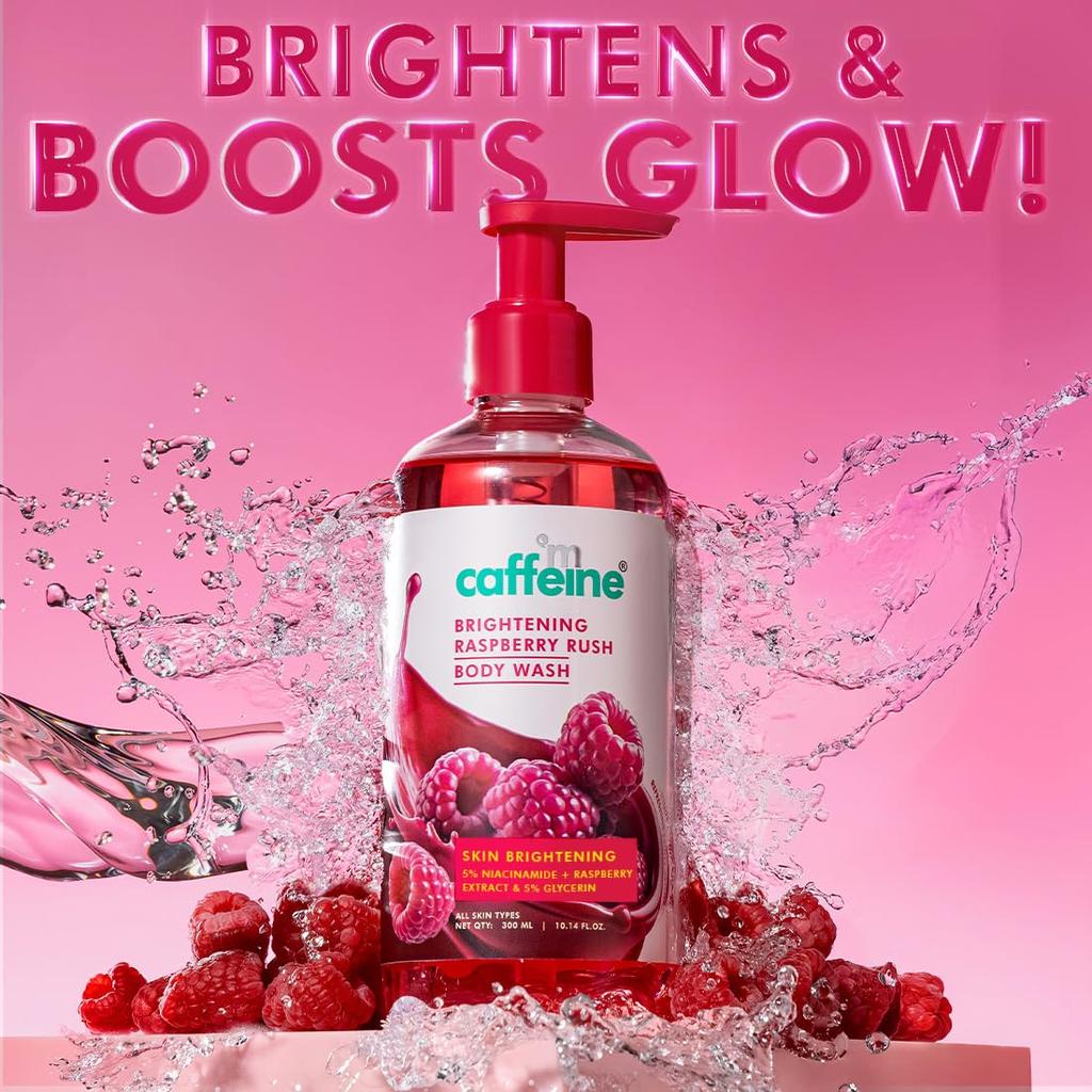 mCaffeine Brightening Body Wash 300ml Pack of 1 | Niacinamide & Raspberry Shower Gel for Dry Skin Glow