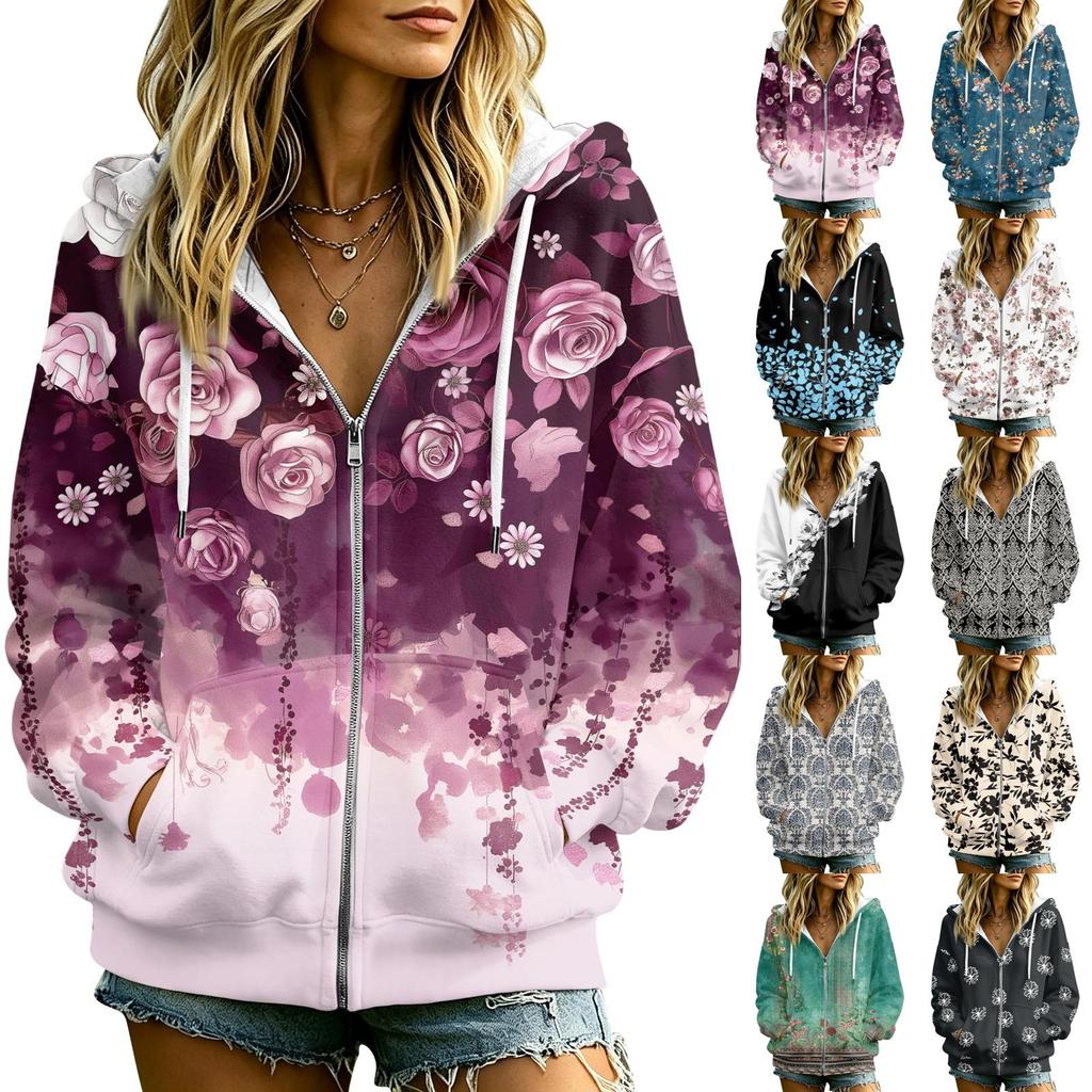 Women's Floral Print Long Sleeve Hooded Jacket with and Pockets Casual Fashion