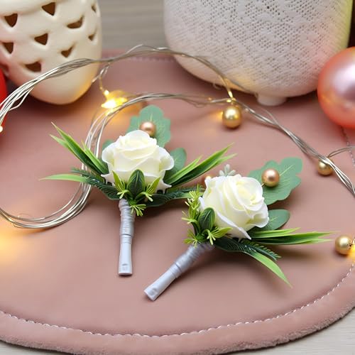2 Pieces Artificial White Rose Boutonnieres - Elegant Fake Flowers Stay Pristine All Day, Secure Pins Included for Easy Attachment for Wedding