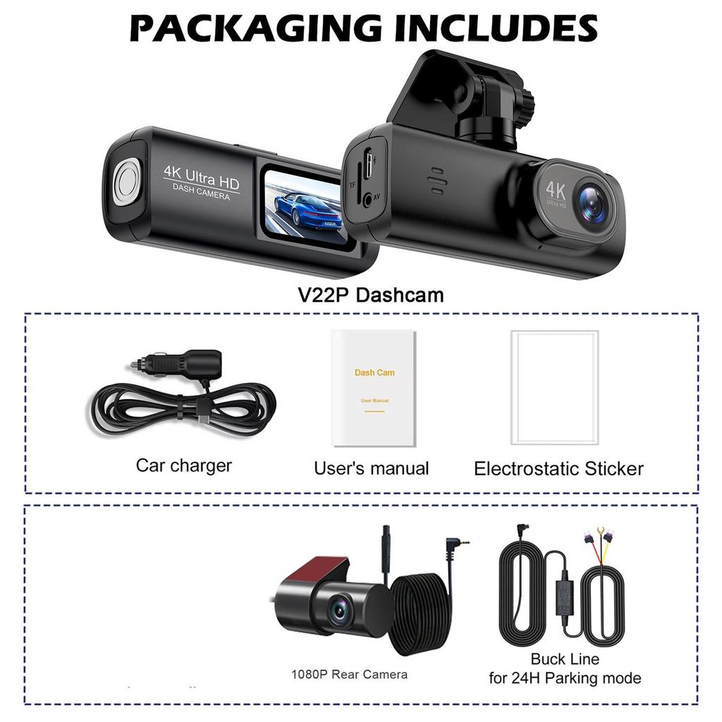 V22 4K Dual-Lens Dash Cam with GPS & Reversing Cam, Front & Rear Recording, Mobile App Integration