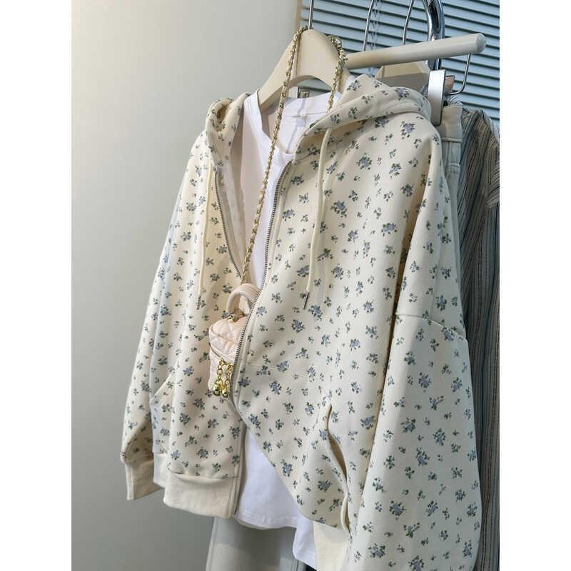 Wind real shot zipper cardigan hooded sweater women's season thin loose large size pocket jacket
