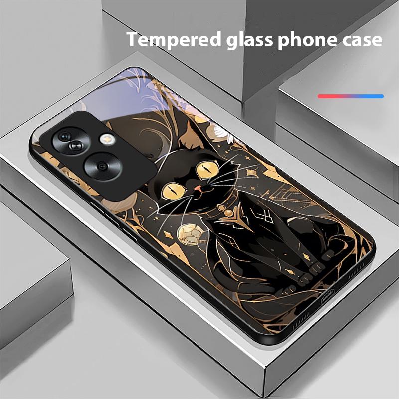 Schwarze Goldkatze für Oppo A79 5G 58 78 74 60 4G Reno 11F Realme GT 6 11 Note 50 10 C55 X2 Hartglas Schwarze Handyhülle