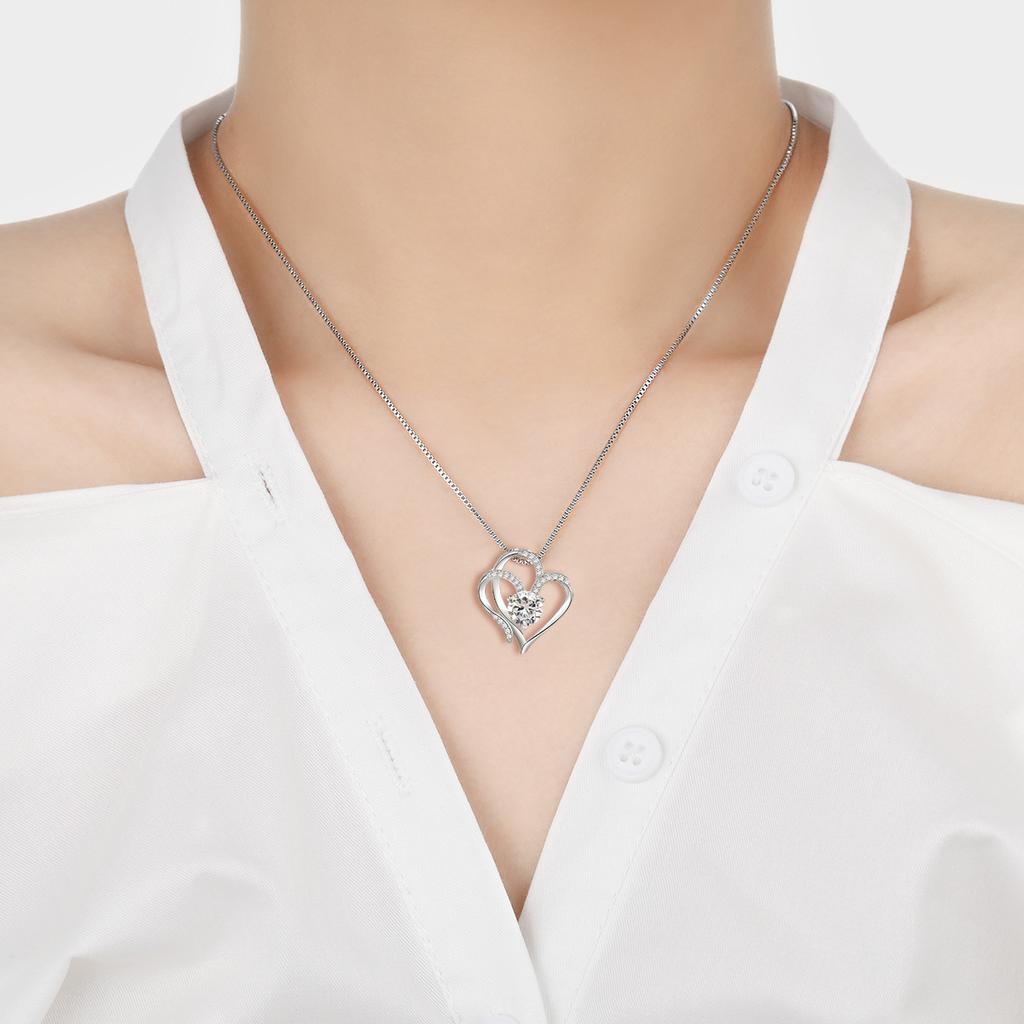 Double Heart Pendant Necklace Female, Premium Inlaid Color Zircon Heart-To-Heart Love Necklace