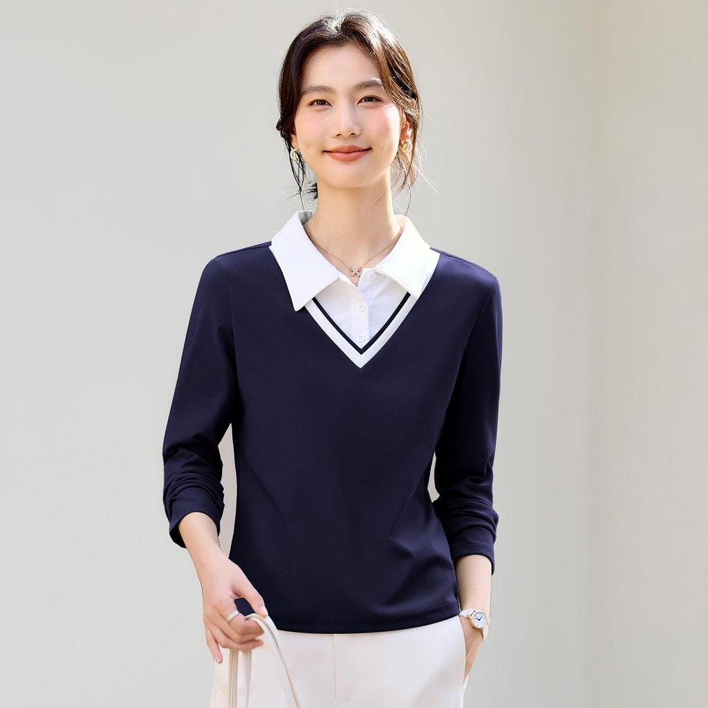Women's Straight Shoulder Long-Sleeve T-Shirt, New 2026 Stylish Lapel Top for Spring & Autumn. Versatile Base Layer or Outerwear.