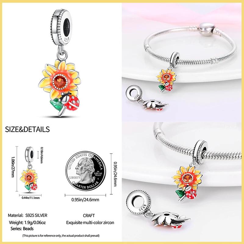 New 925 Silver Fashion Golden Sunflowers Heart Charms Beads Fit 925 Bracelets Luxury Party DIY Jewelry