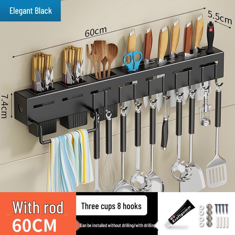 Stainless Steel Wall-Mounted Knife & Chopstick Holder with No-Punch Hanging Design