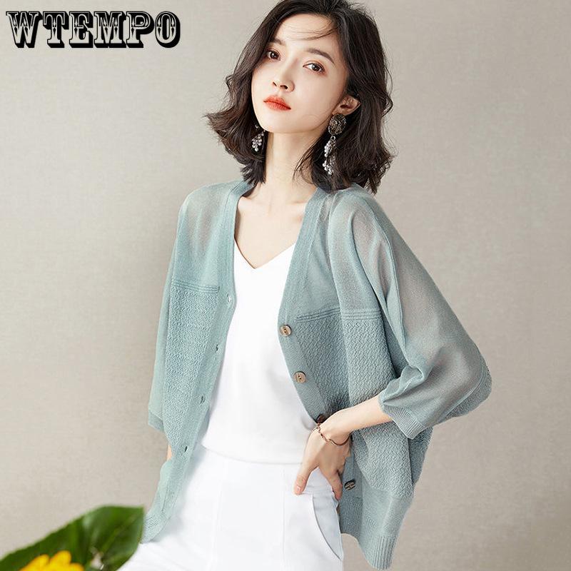 Women V Neck Patchwork Knit Cardigan 3/4 Batwing Sleeve Thin Open Front Sun Protection Casual Knitted Outerwear