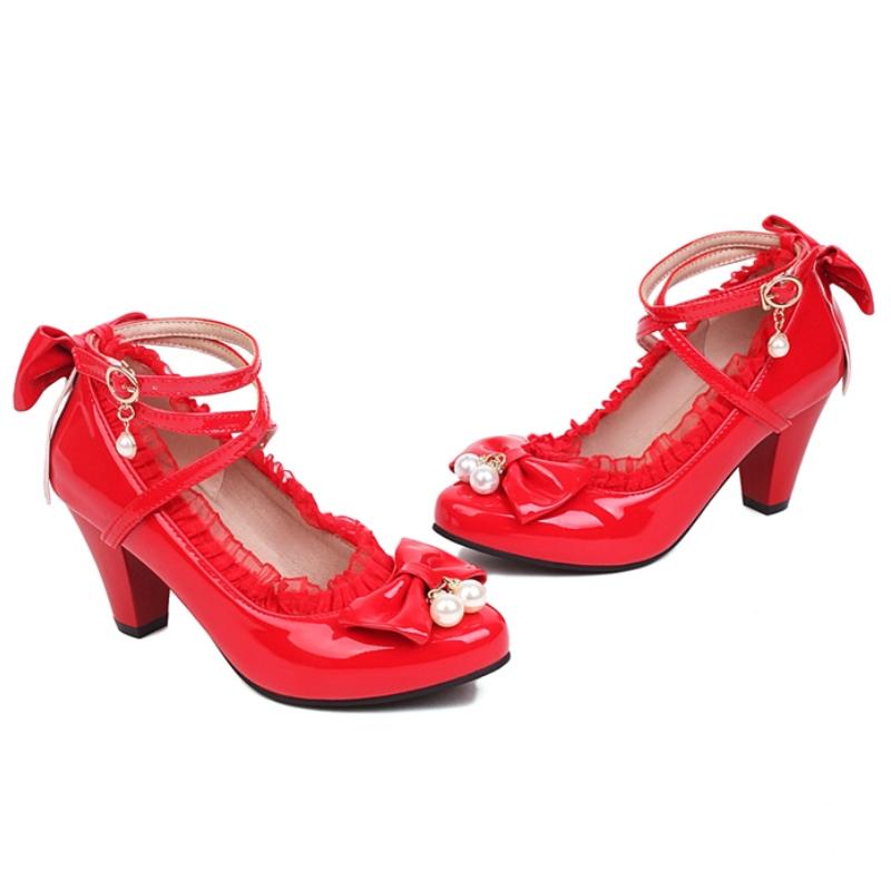 Red Women's Heels Mary Janes Lolitas Shoes Luxury Crystal Black White Block Heeled Party Wedding Shoes Female Pumps Big Size 45