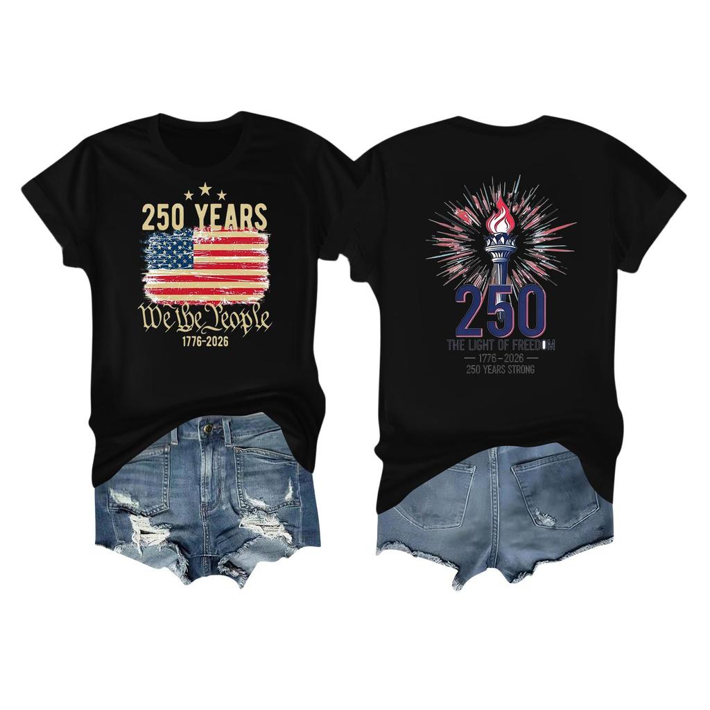 Women's Casual Independence Day 250 Anniversary Printed T-shirt Round Neck Pullover Short Sleeve Top